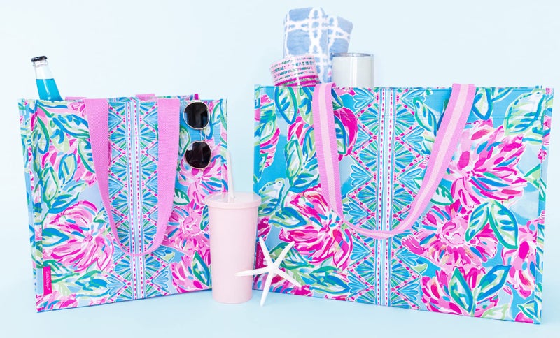 Lilly Pulitzer Pink/Green Market Shopper Bag, Reusable Grocery Tote with Comfortable Shoulder Straps, Totally Blossom - Image 5
